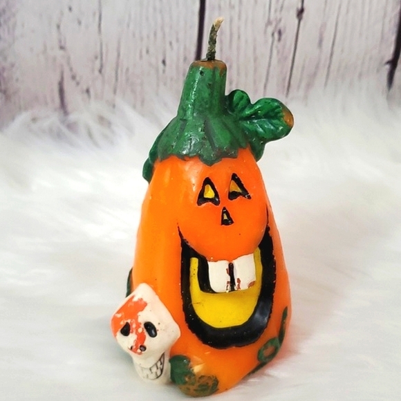 Vintage 90s Halloween Jack-o-lantern Pumpkin Skull Carved Rare Unique Candle 5" - Picture 1 of 13